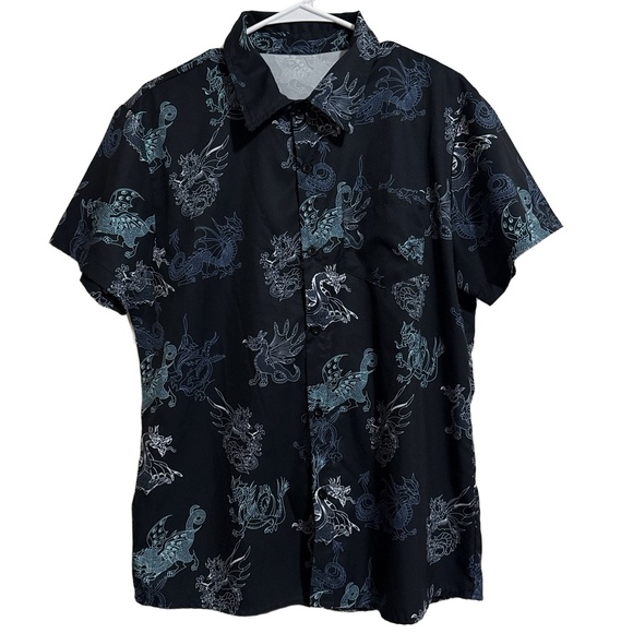 SHEIN Other - SHEIN Shirt Mens Medium Black Blue White Dragon Pattern Button Up Hawaiian
